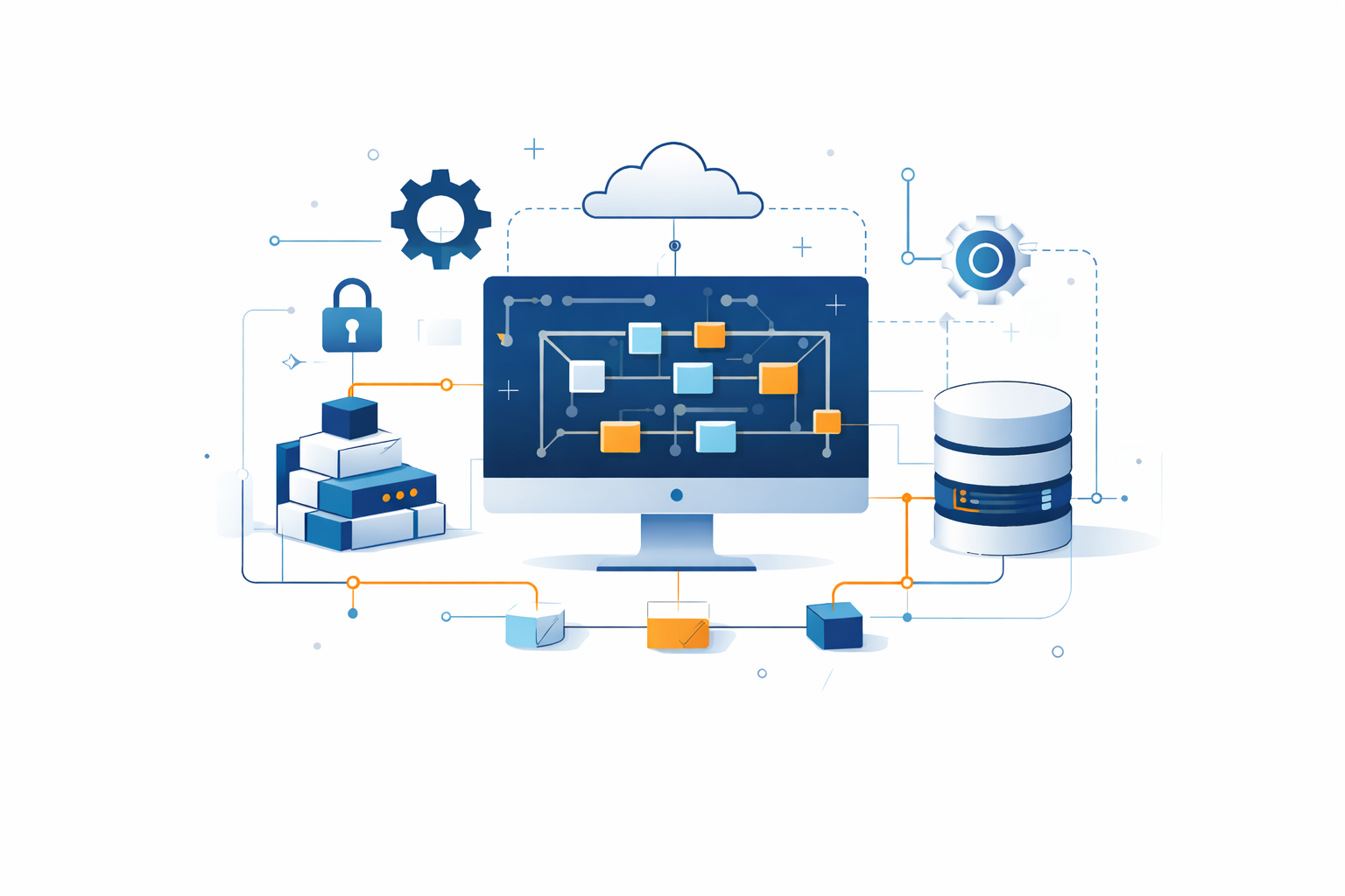 abstract visualization of platform architecture showing interconnected systems, automation flows, and infrastructure components.