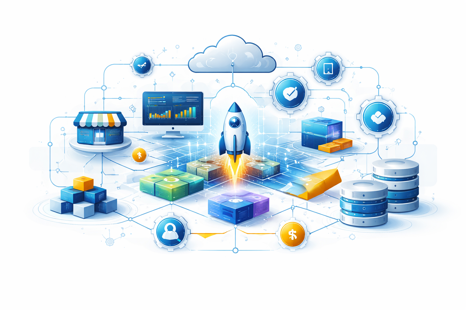 abstract ecosystem strategy visualization showing interconnected modules, expansion pathways, and system integration points.